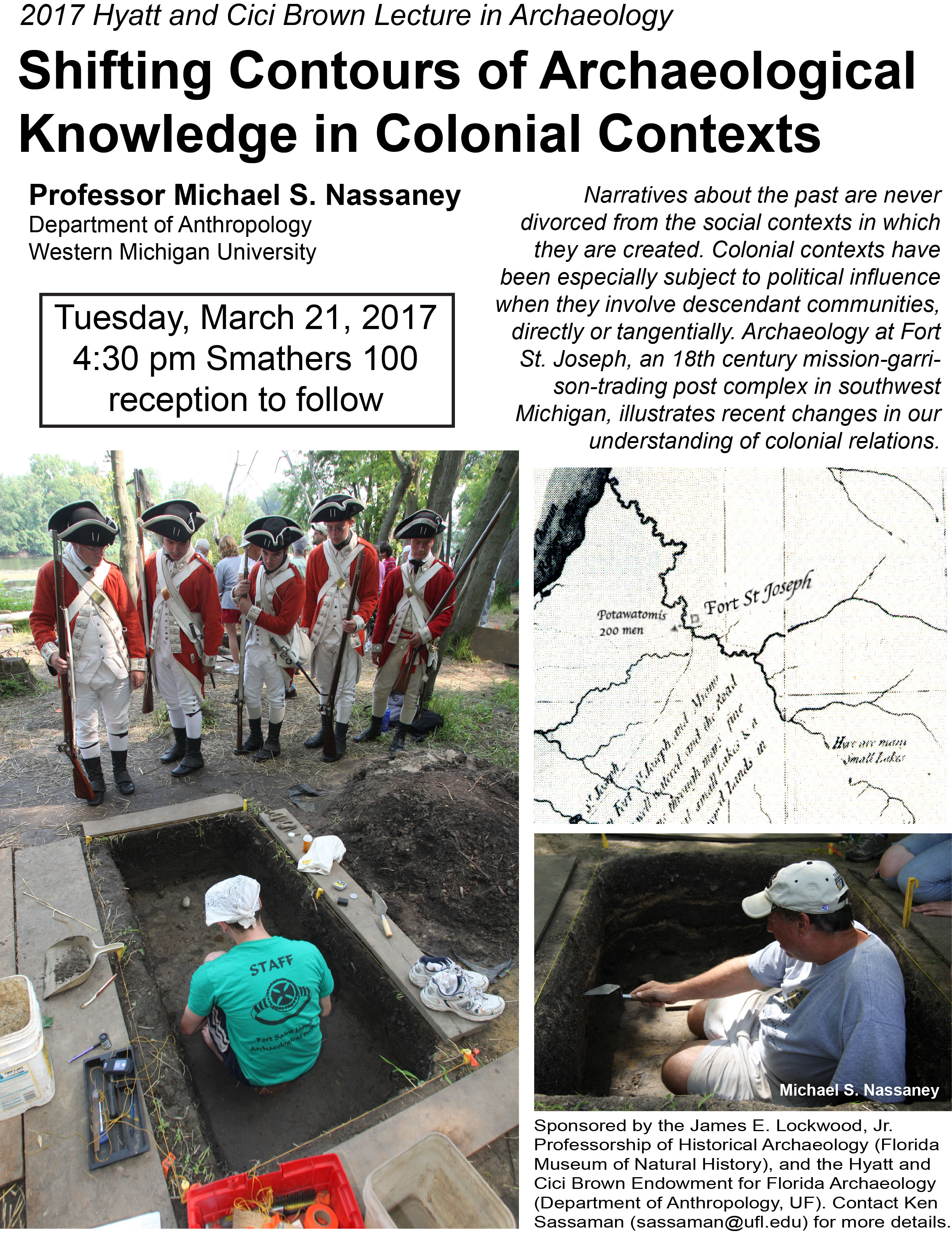 Photo of information for Professor Michael S. Nassaney's lecture on Shifting Contours of Archaeological Knowledge in Colonial Context